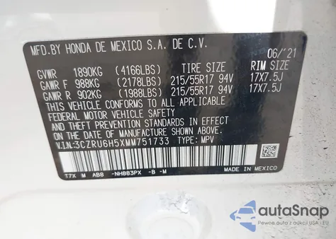 2021 Honda Hr-V Awd Ex из США, поврежденный, VIN 3CZRU6H5XMM751733